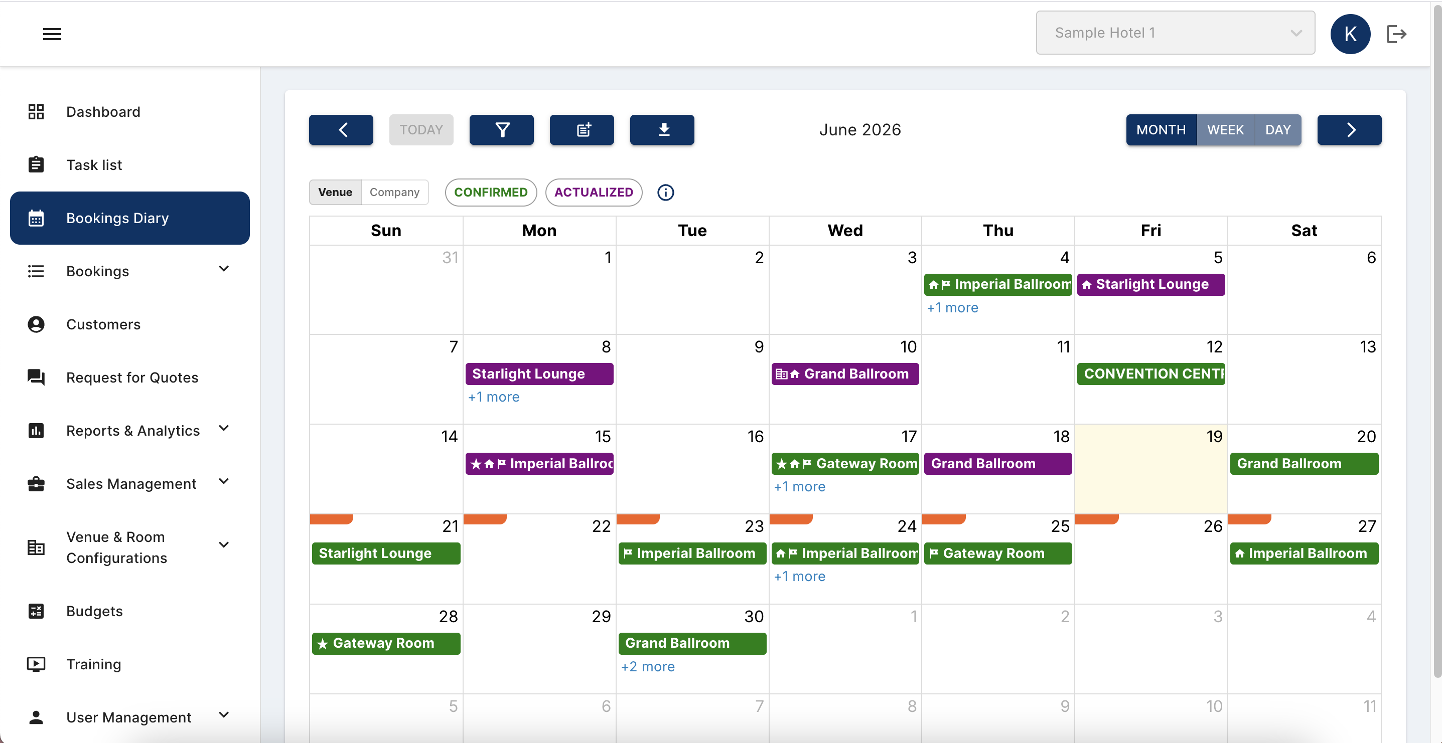 BookBanquetRoom booking diary calendar showing confirmed venue bookings for June 2026
