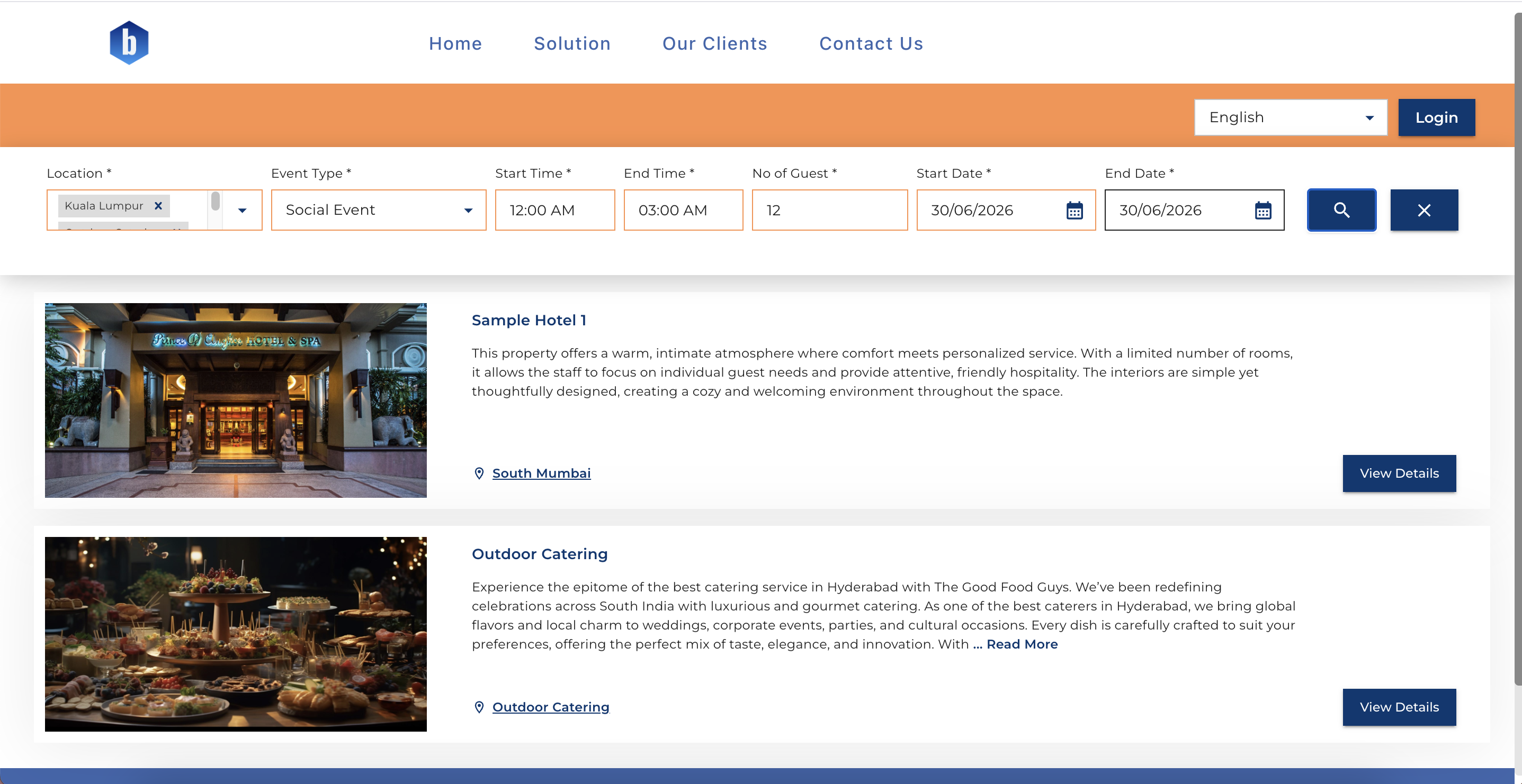BookBanquetRoom customer venue search results with filters and venue cards