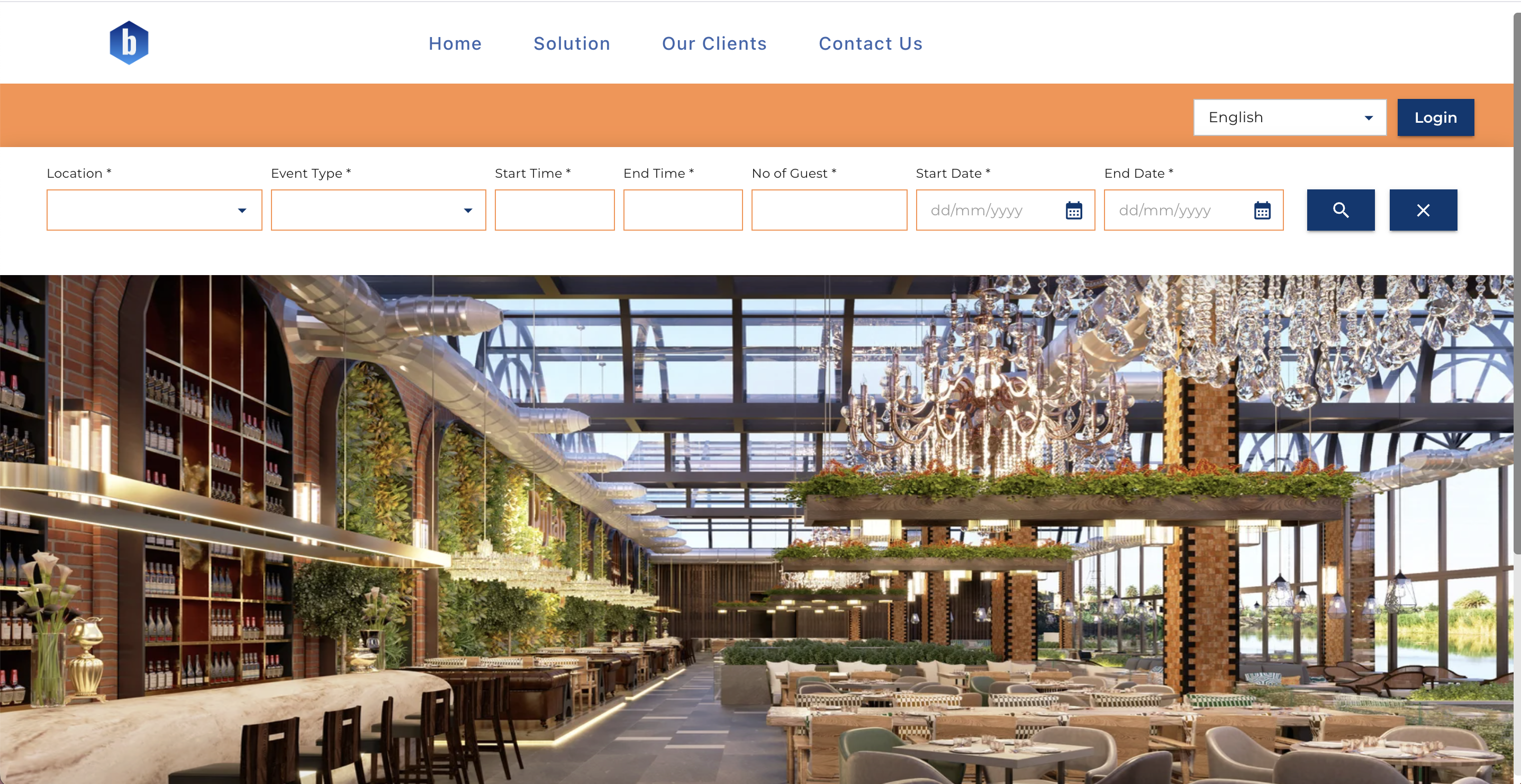BookBanquetRoom customer venue search screen with filters for location, event type, guest count, dates, and time