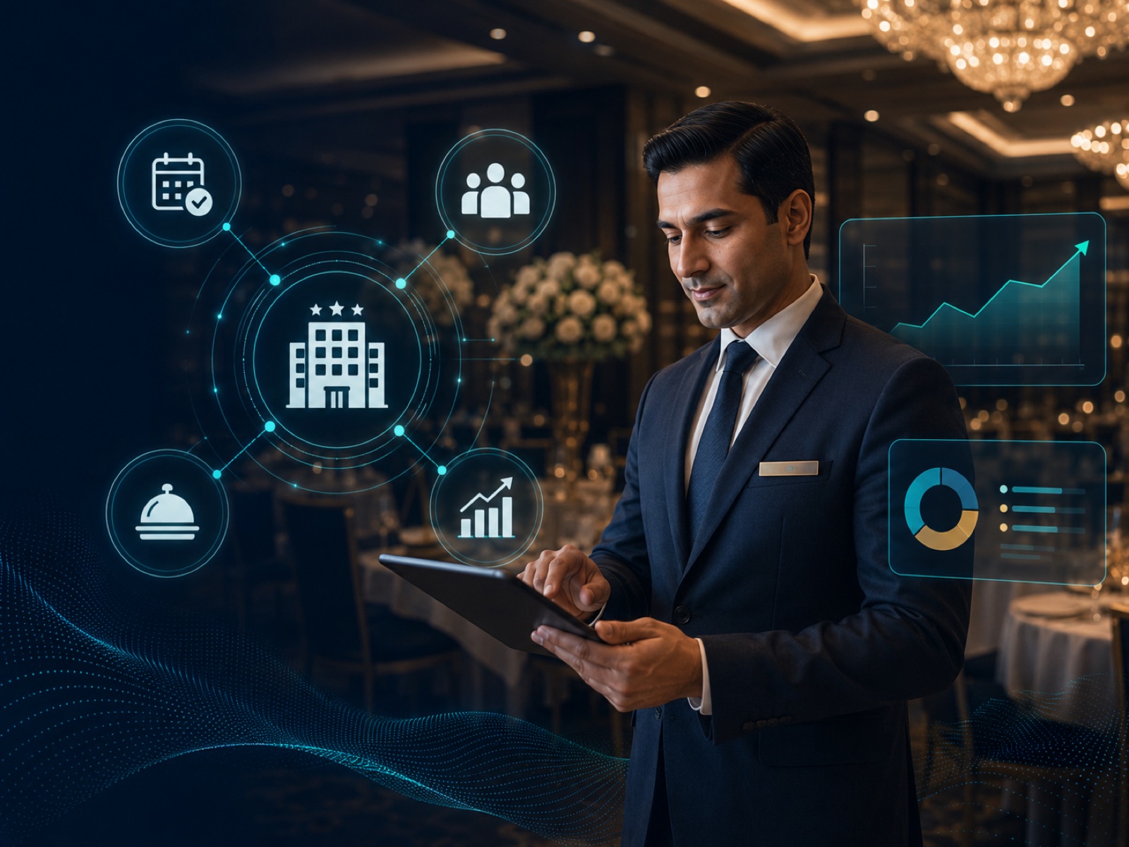 Hotel professional using digital hospitality tools in a banquet venue
