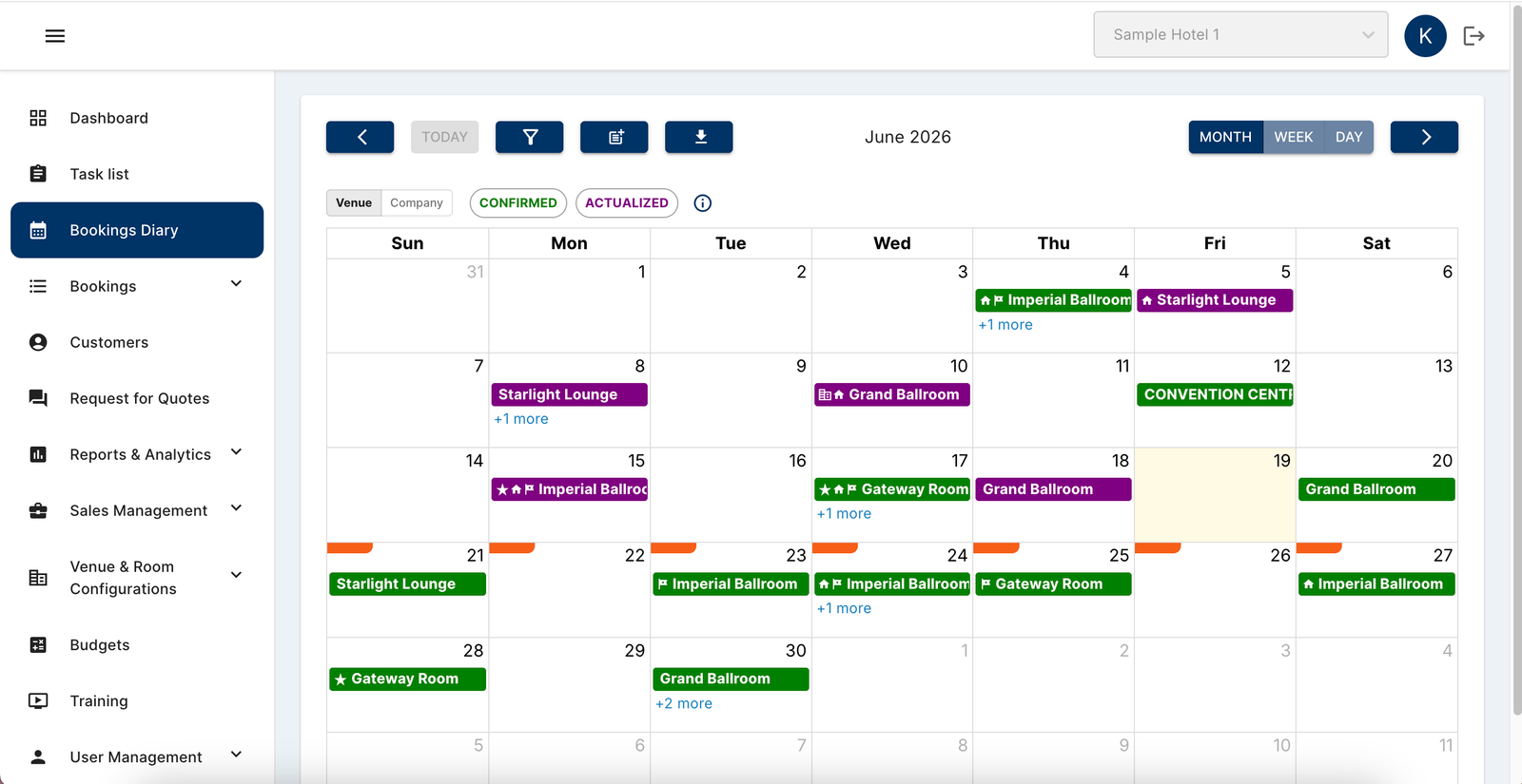 BookBanquetRoom booking diary calendar showing confirmed venue bookings for June 2026