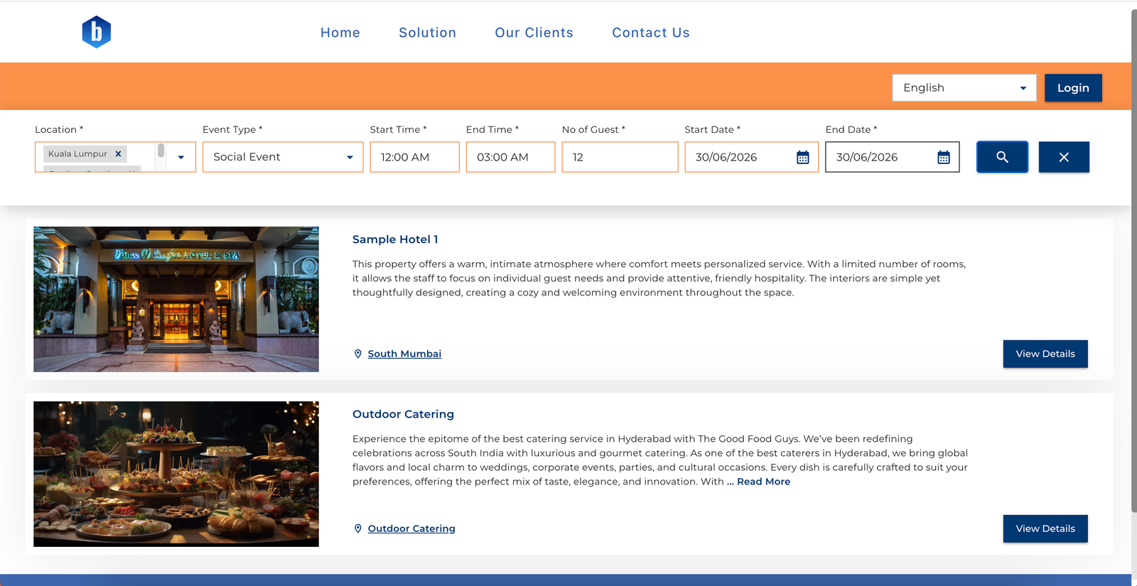 BookBanquetRoom customer venue search results with filters and venue cards