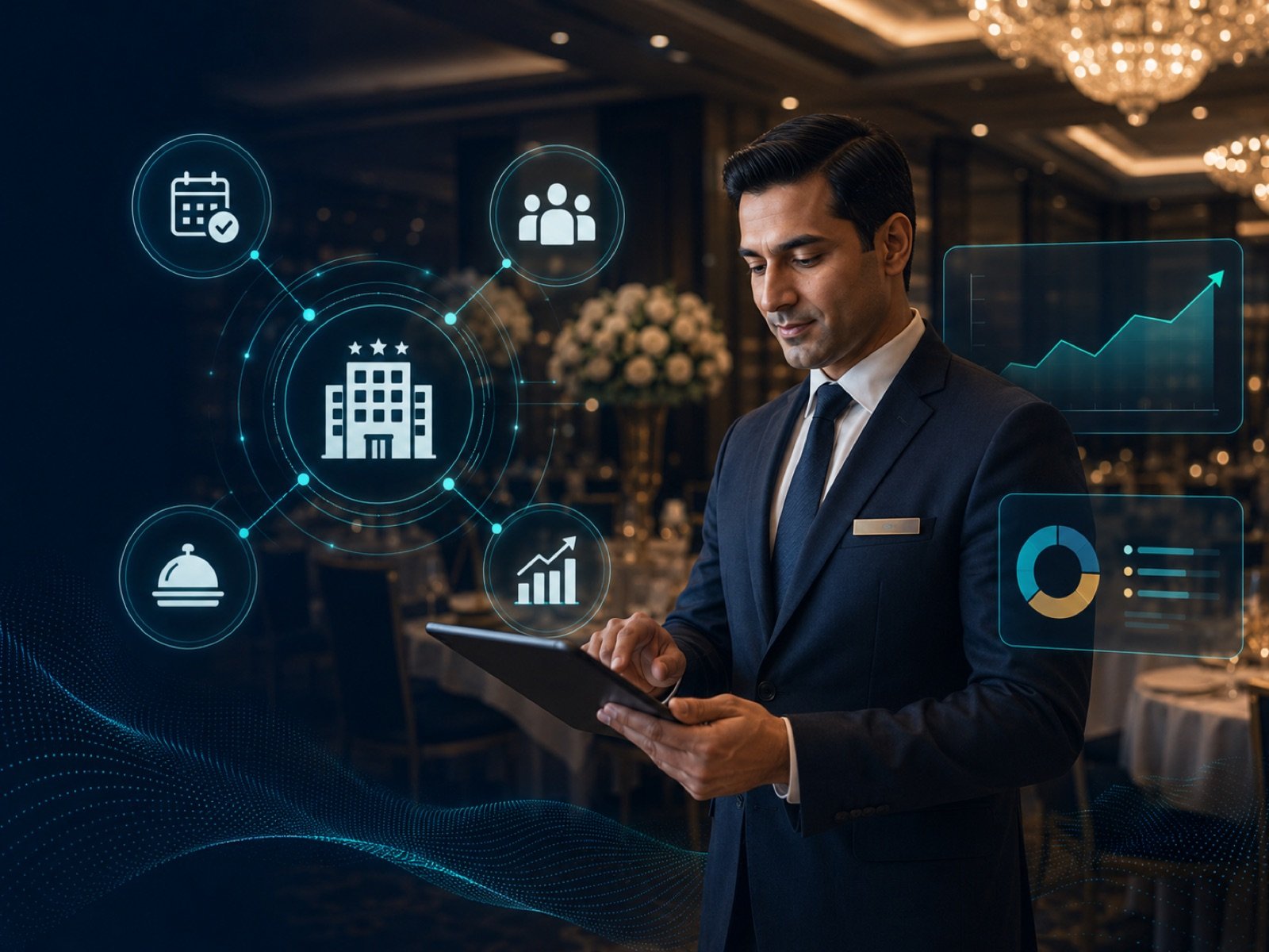 Hotel professional using digital hospitality tools in a banquet venue